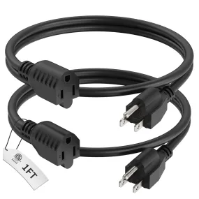 1 Foot Extension Cord Black, 2-Pack Short Power Cord, Indoor/Outdoor 16 Gauge