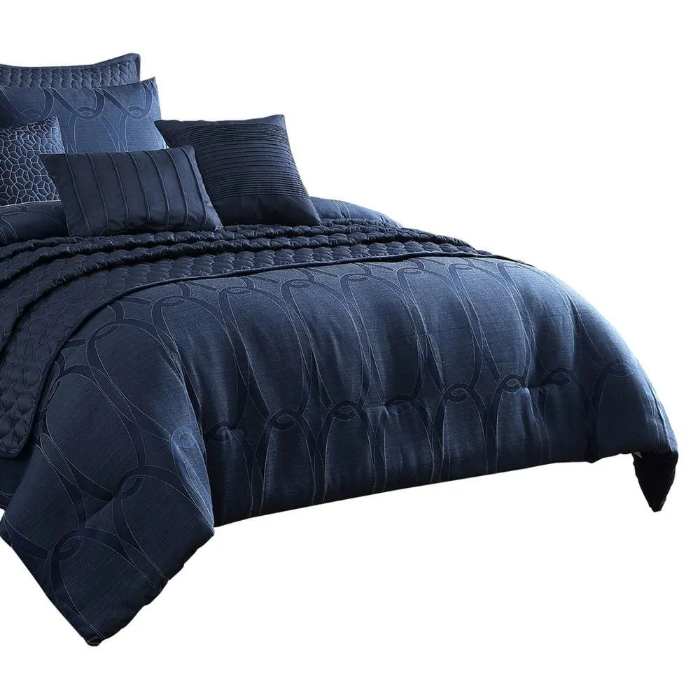 10 Piece Queen Polyester Comforter Set with Geometric Print, Dark Blue By Casagear Home