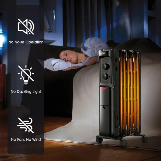 1500W Oil Filled Portable Radiator Space Heater with Adjustable Thermostat-Black