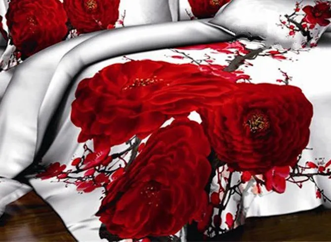 3D Red Blossoms Printed Cotton Luxury 4-Piece White Bedding Sets/Duvet Covers