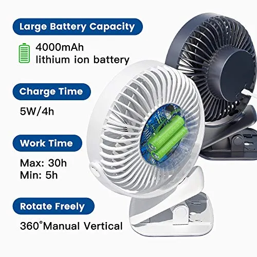 4000mAh Battery Operated Clip On Fan 3 Speeds Ultra Quiet 360°Adjustable USB Fan Sturdy Clamp Portable for Outdoor Camper or Indoor Gym Treadmill Personal Office Desk, Last 30 hrs, 7-Inch