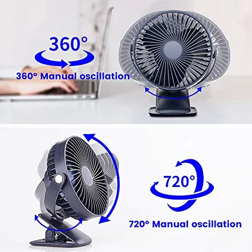 4000mAh Battery Operated Clip On Fan 3 Speeds Ultra Quiet 360°Adjustable USB Fan Sturdy Clamp Portable for Outdoor Camper or Indoor Gym Treadmill Personal Office Desk, Last 30 hrs, 7-Inch