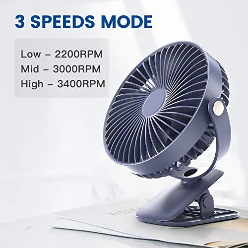 4000mAh Battery Operated Clip On Fan 3 Speeds Ultra Quiet 360°Adjustable USB Fan Sturdy Clamp Portable for Outdoor Camper or Indoor Gym Treadmill Personal Office Desk, Last 30 hrs, 7-Inch