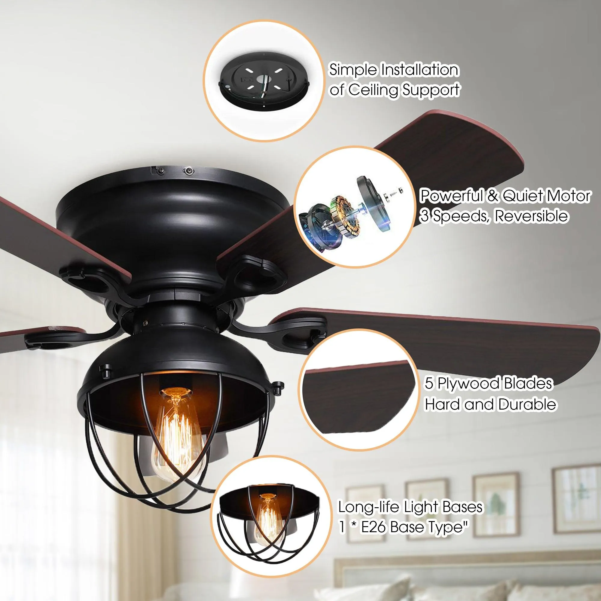 42" Traditional Flush Mount Reversible Ceiling Fan with Lighting and Remote Control