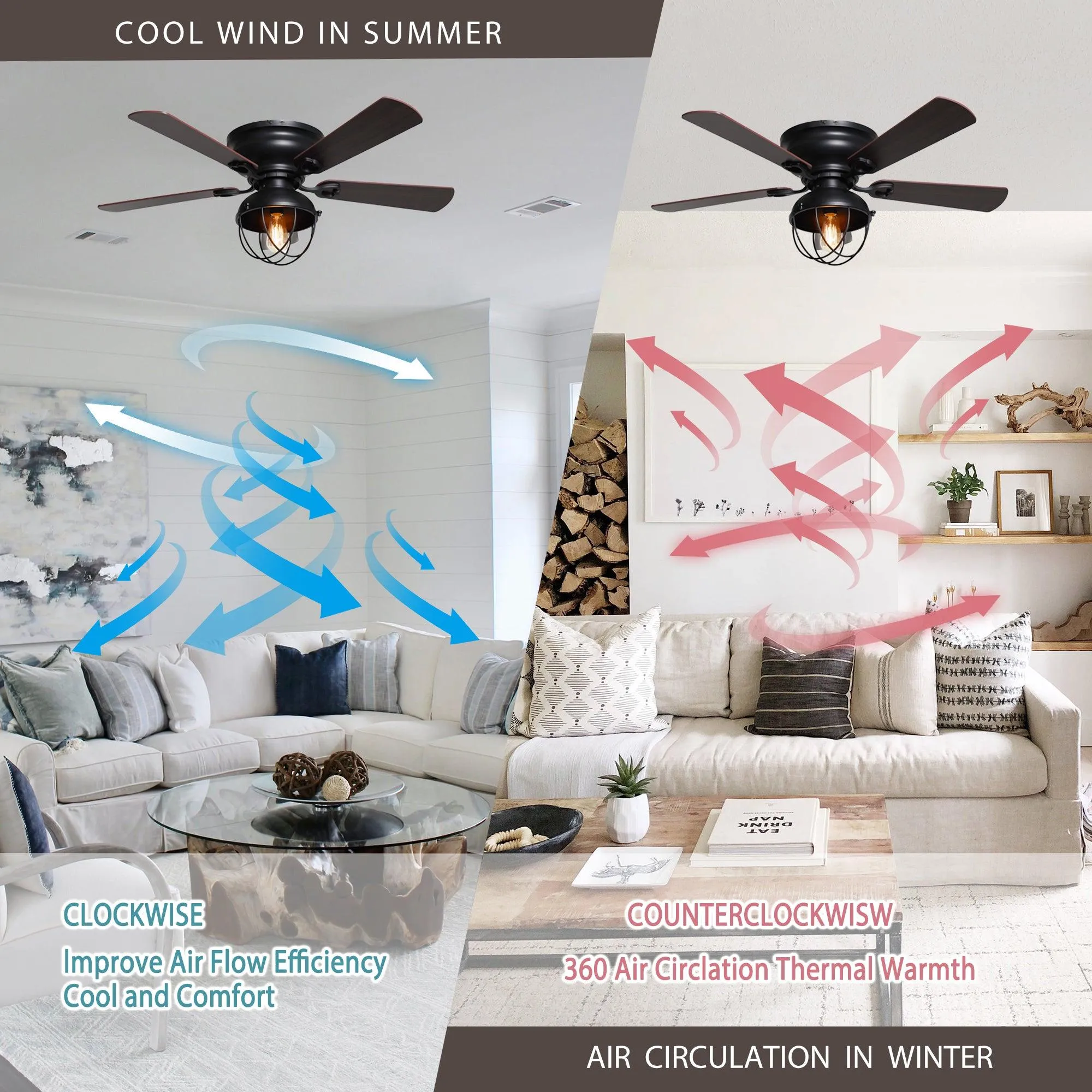 42" Traditional Flush Mount Reversible Ceiling Fan with Lighting and Remote Control