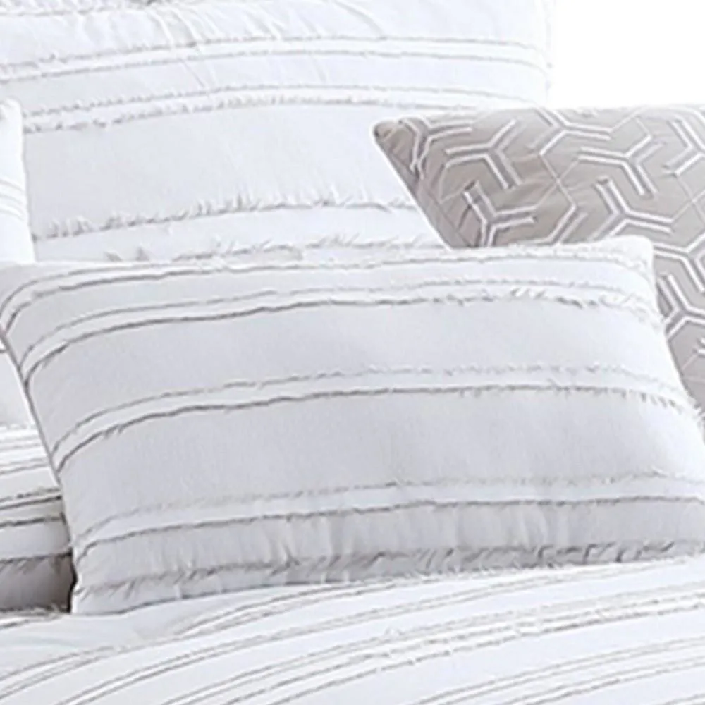 6 Piece Queen Cotton Comforter Set with Frayed Edges, White and Gray By Casagear Home