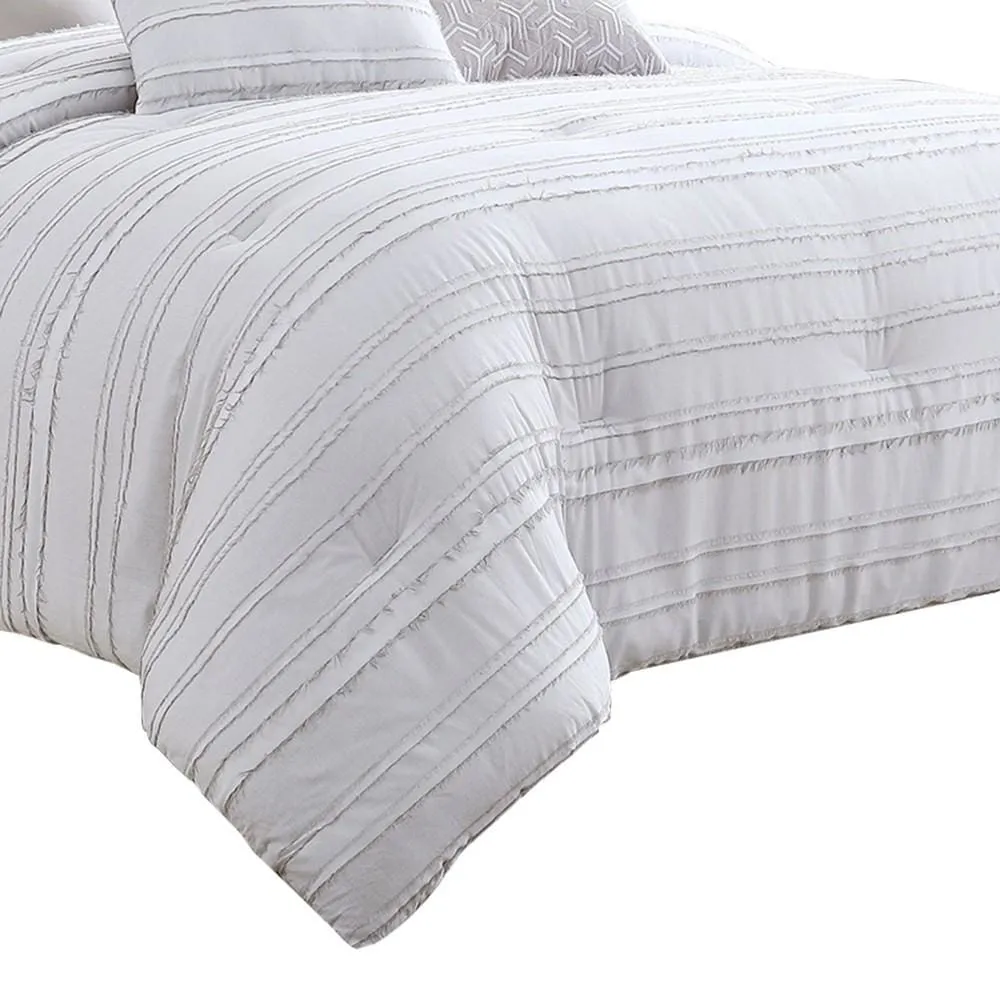 6 Piece Queen Cotton Comforter Set with Frayed Edges, White and Gray By Casagear Home