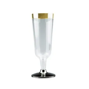 6pk Gold Trimmed Plastic Champagne Glass with Clear Base 150ml