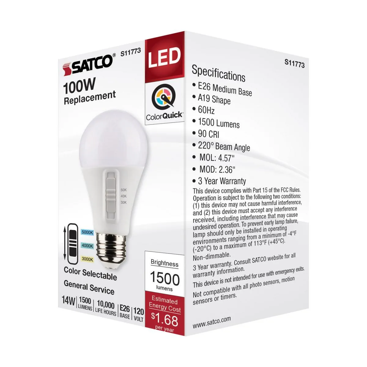 A19 LED Bulb, 14 Watts, 1500 Lumens, Selectable 30K|40K|50K, 100W Equal, E26 Medium Base