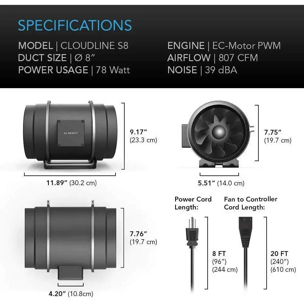 AC Infinity CLOUDLINE S8 Inline Duct Fan System with Speed Controller, 8"