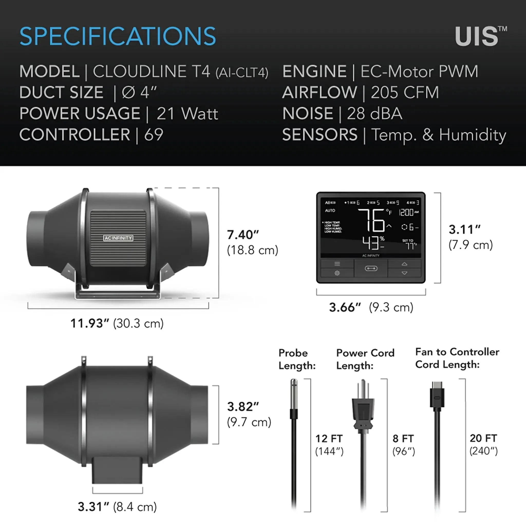 AC Infinity CLOUDLINE T4 Inline Duct Fan System w/ WIFI Controller, 4"