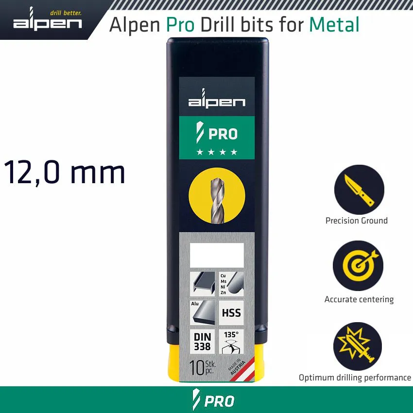 ALPEN ALPEN PRO HSS DRILL DIN 338 RN 135  WITH SPLIT POINT 12.0MM BULK ALP954012