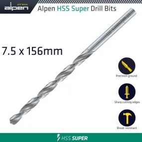 ALPEN HSS DRILL BIT LONG 7.5 X 156MM BULK ALP551075