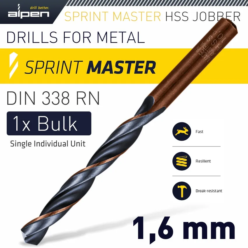 ALPEN HSS SPRINT MASTER 1.6MM BULK DIN 338 ALPEN DRILL BIT ALP6260016