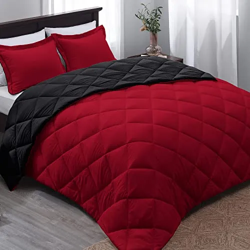 Basic Beyond Down Alternative Comforter Set (Queen, Black/Red) - Reversible Bed Comforter with 2 Pillow Shams for All Seasons