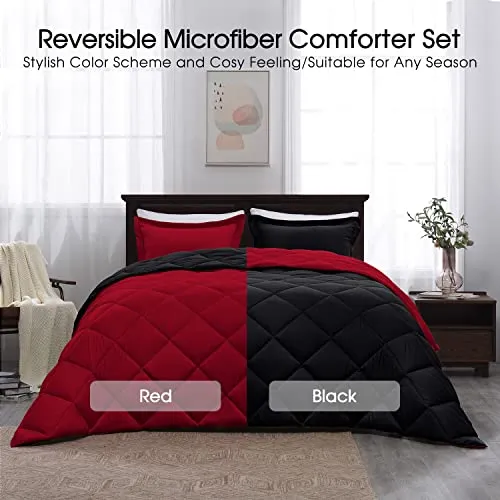 Basic Beyond Down Alternative Comforter Set (Queen, Black/Red) - Reversible Bed Comforter with 2 Pillow Shams for All Seasons