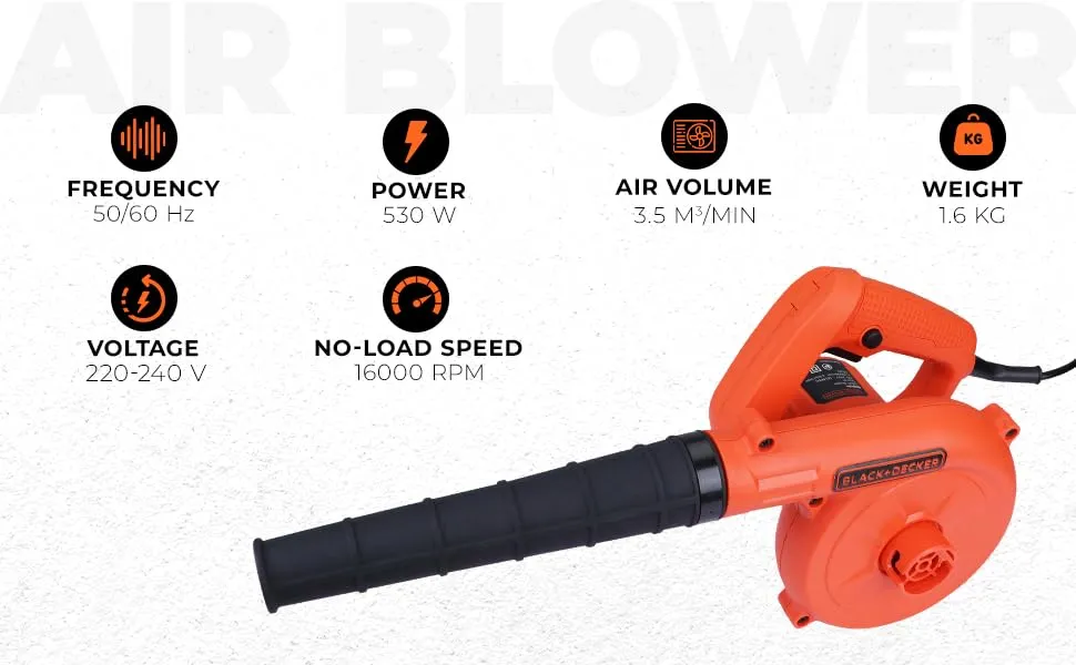 BLACK DECKER BDB530 530W Single Speed Air Blower with Dual Modes of Blowing & Suction and Attached Dust Bag for Dirt Collection for Home & DIY Use, 1 Year Warranty, ORANGE & BLACK