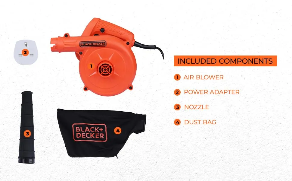 BLACK DECKER BDB530 530W Single Speed Air Blower with Dual Modes of Blowing & Suction and Attached Dust Bag for Dirt Collection for Home & DIY Use, 1 Year Warranty, ORANGE & BLACK