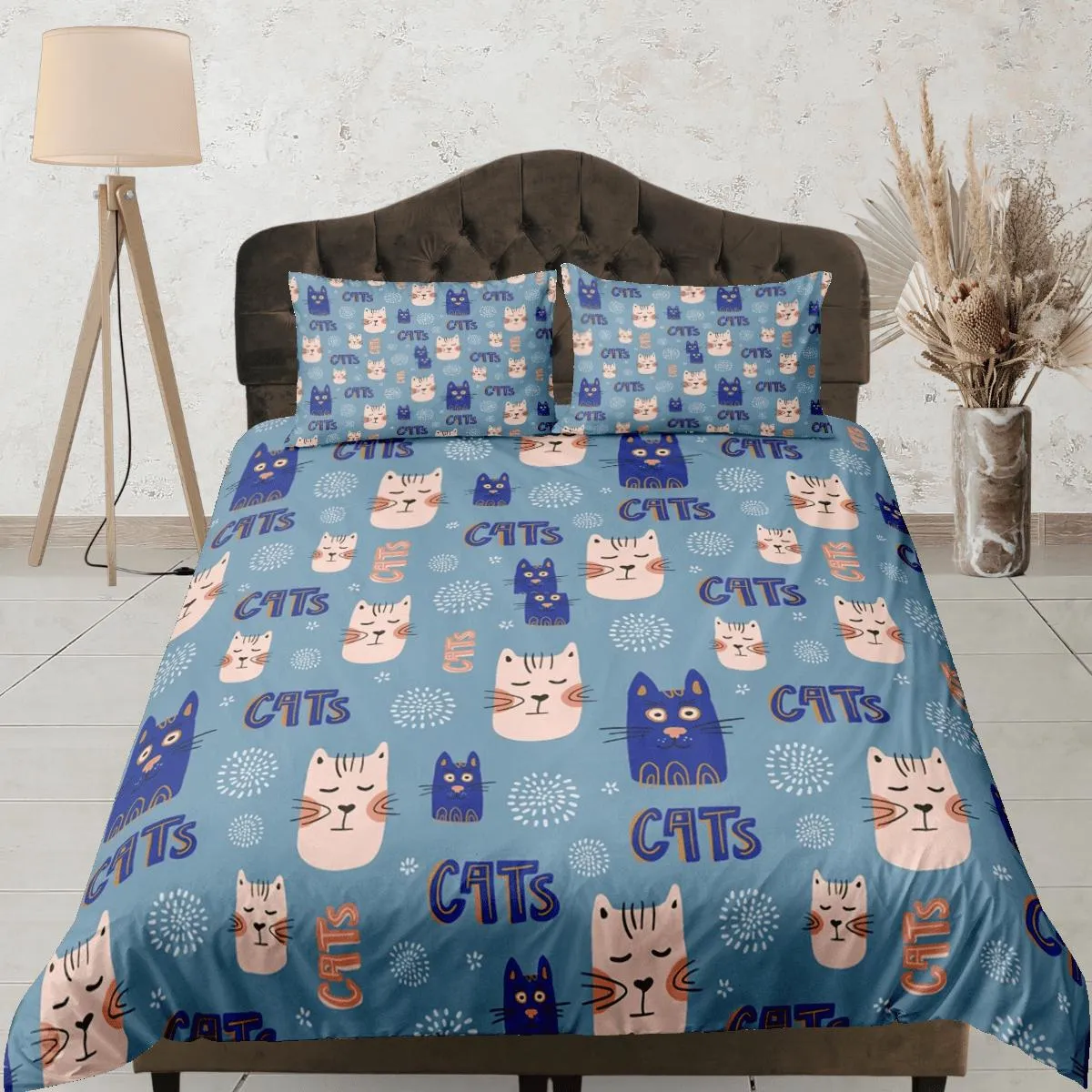 Cat Lover Duvet Cover Set Bedspread, Cute Cats Blue Bedding for Teens Kids Bedroom