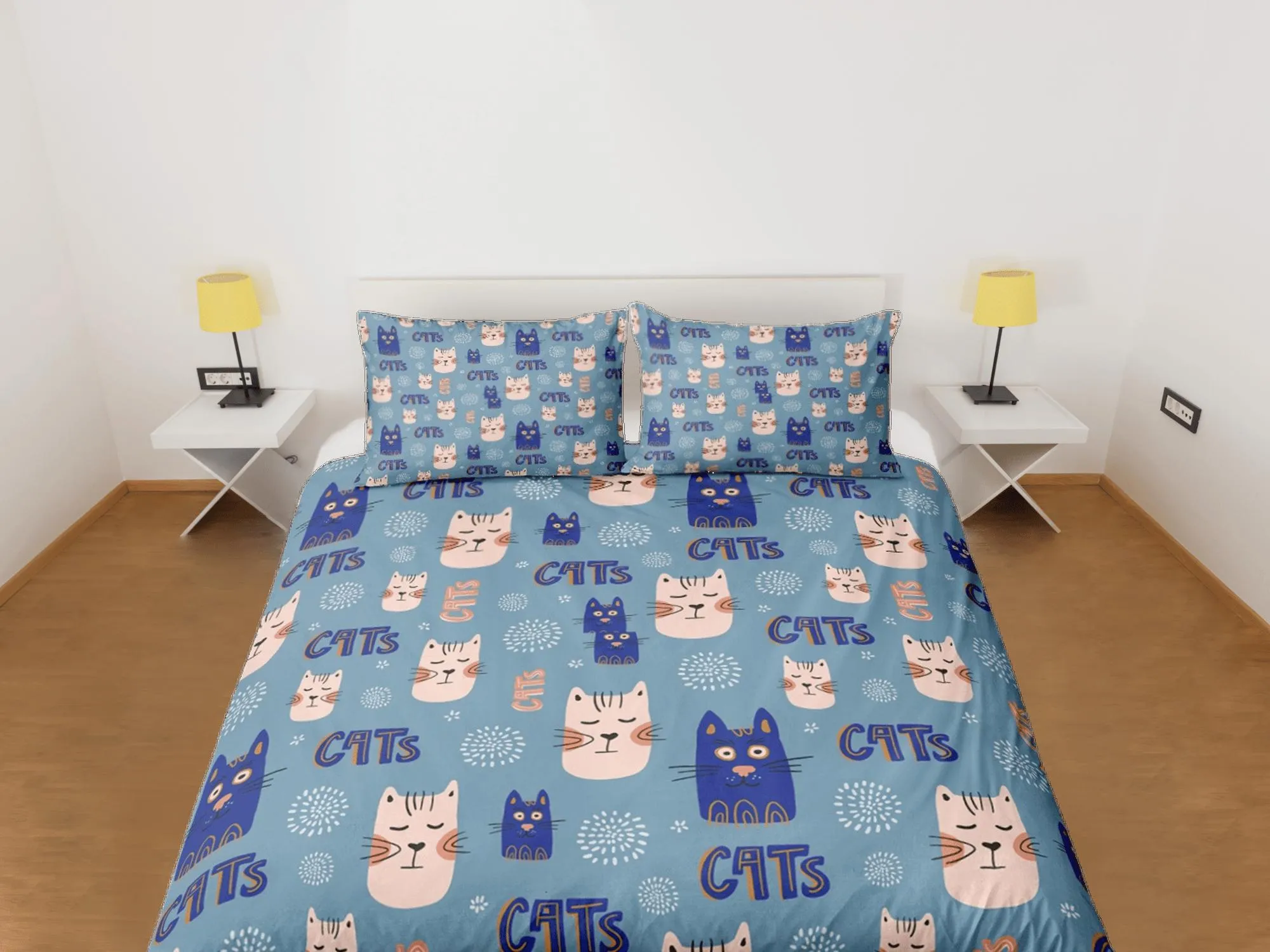 Cat Lover Duvet Cover Set Bedspread, Cute Cats Blue Bedding for Teens Kids Bedroom