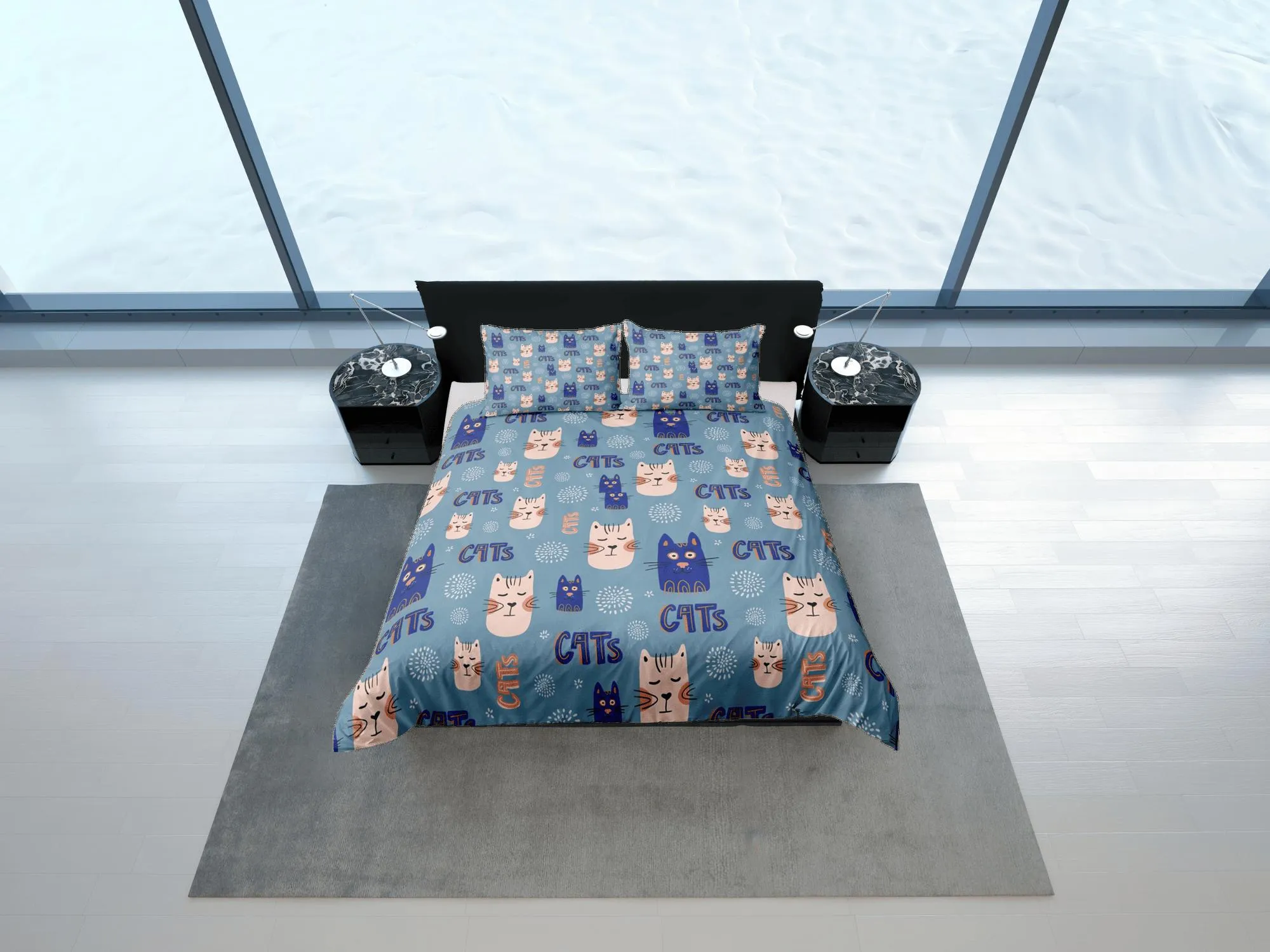 Cat Lover Duvet Cover Set Bedspread, Cute Cats Blue Bedding for Teens Kids Bedroom