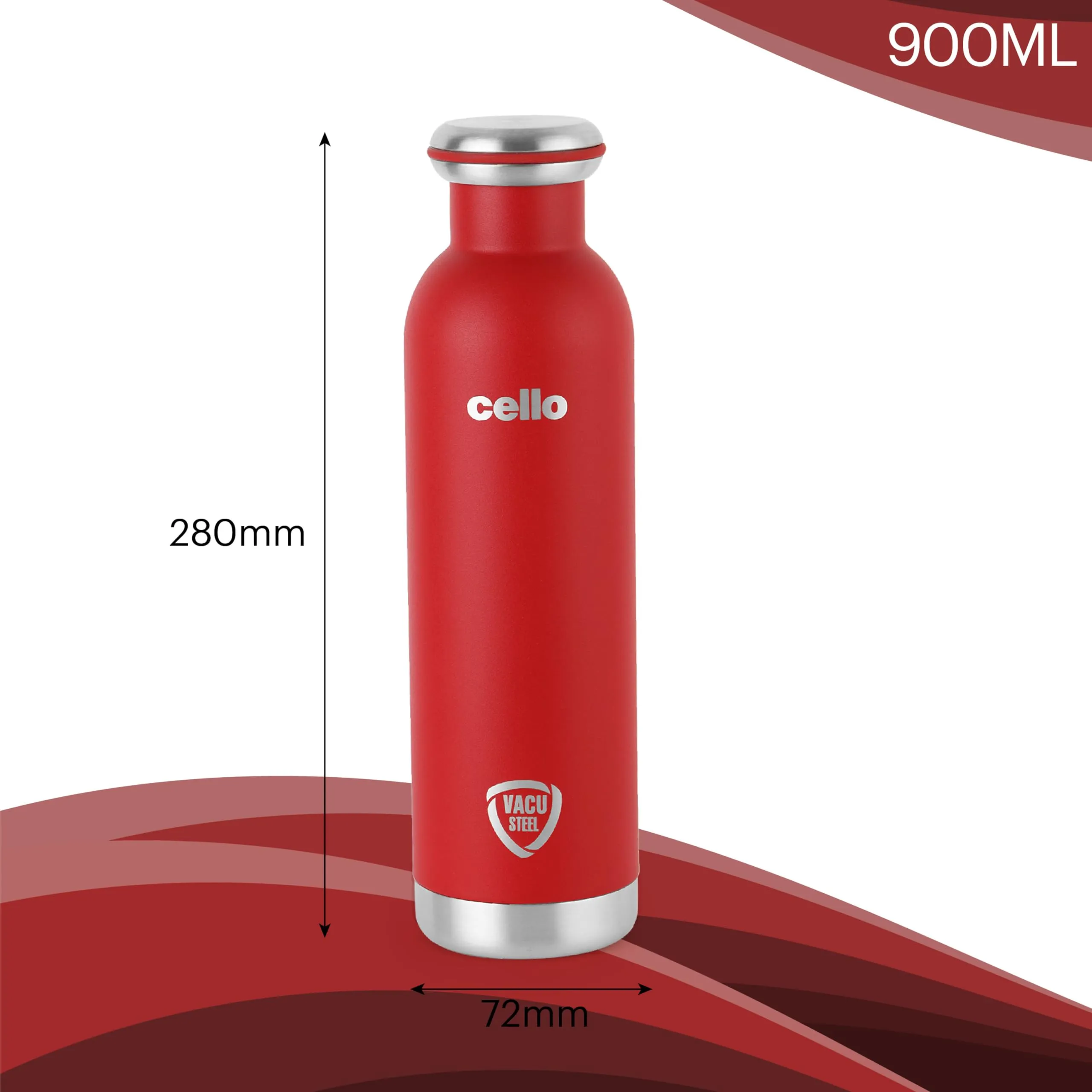 Cello Duro Tuff Steel Series Mac Flask | Hot and Cold Stainless Steel Water Bottle | Durable DTP Coating |Vacuum Insulated Bottle for Travel, Home, Office, School | 900ml, Red