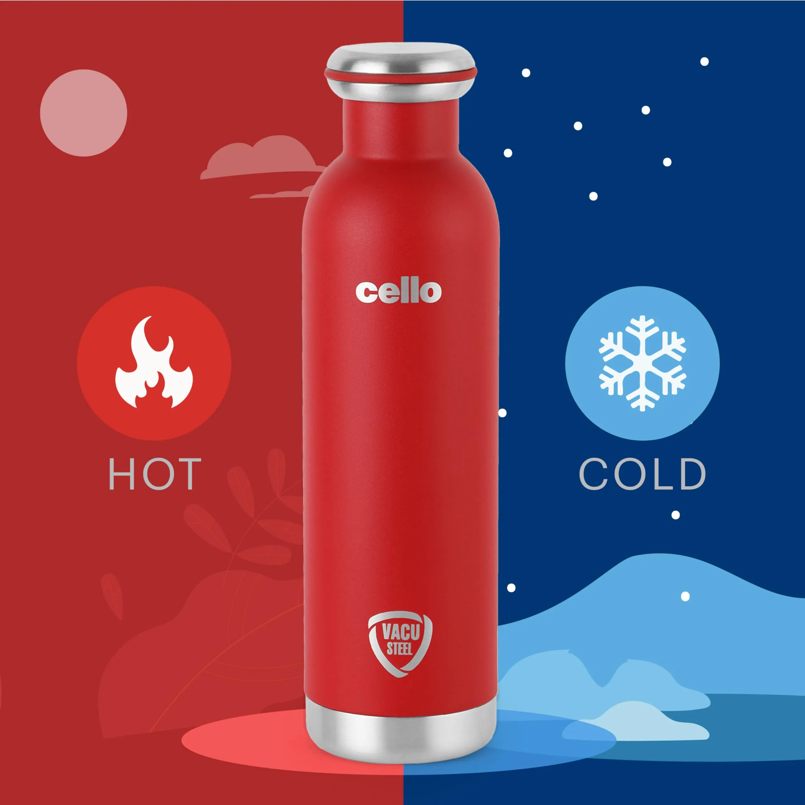 Cello Duro Tuff Steel Series Mac Flask | Hot and Cold Stainless Steel Water Bottle | Durable DTP Coating |Vacuum Insulated Bottle for Travel, Home, Office, School | 900ml, Red