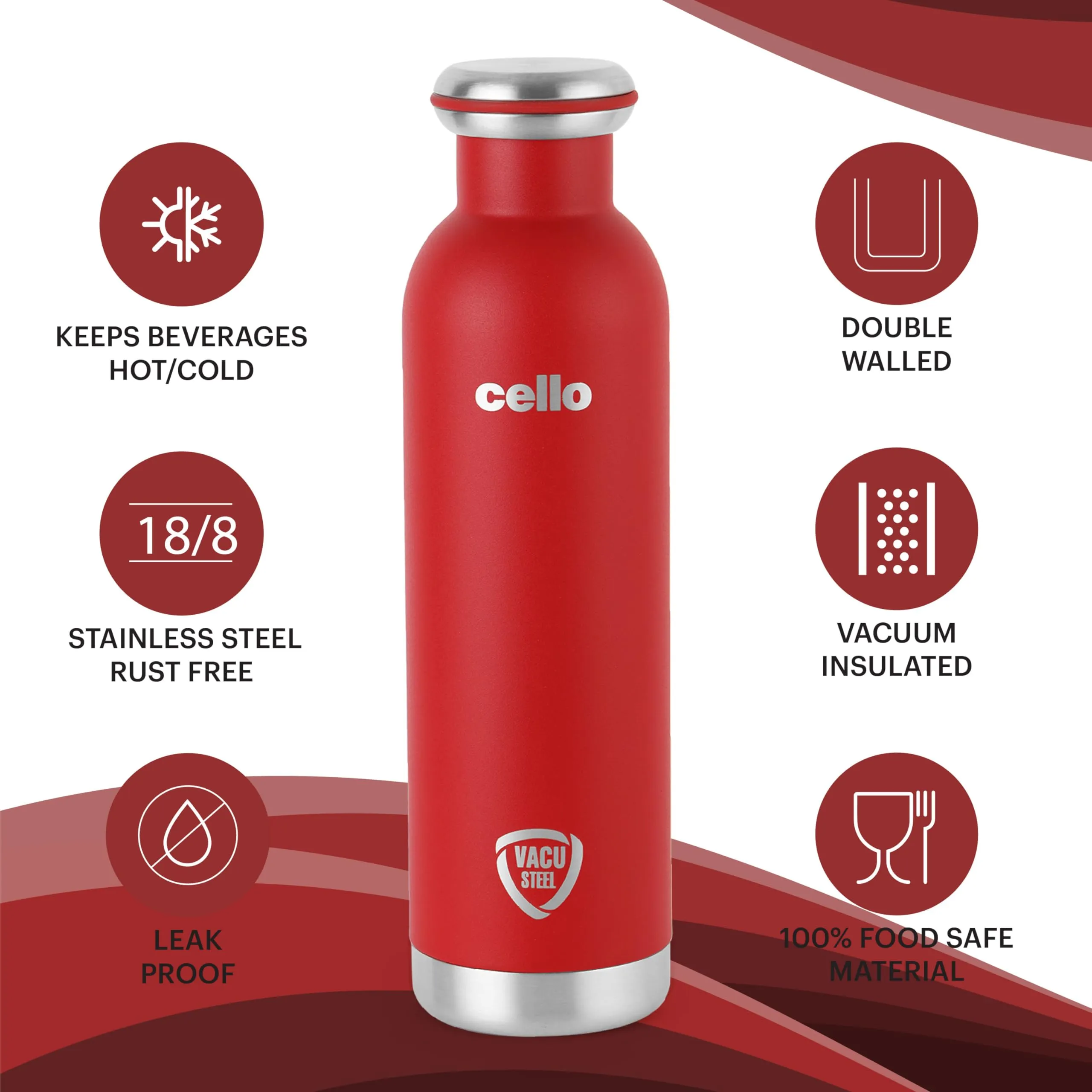 Cello Duro Tuff Steel Series Mac Flask | Hot and Cold Stainless Steel Water Bottle | Durable DTP Coating |Vacuum Insulated Bottle for Travel, Home, Office, School | 900ml, Red