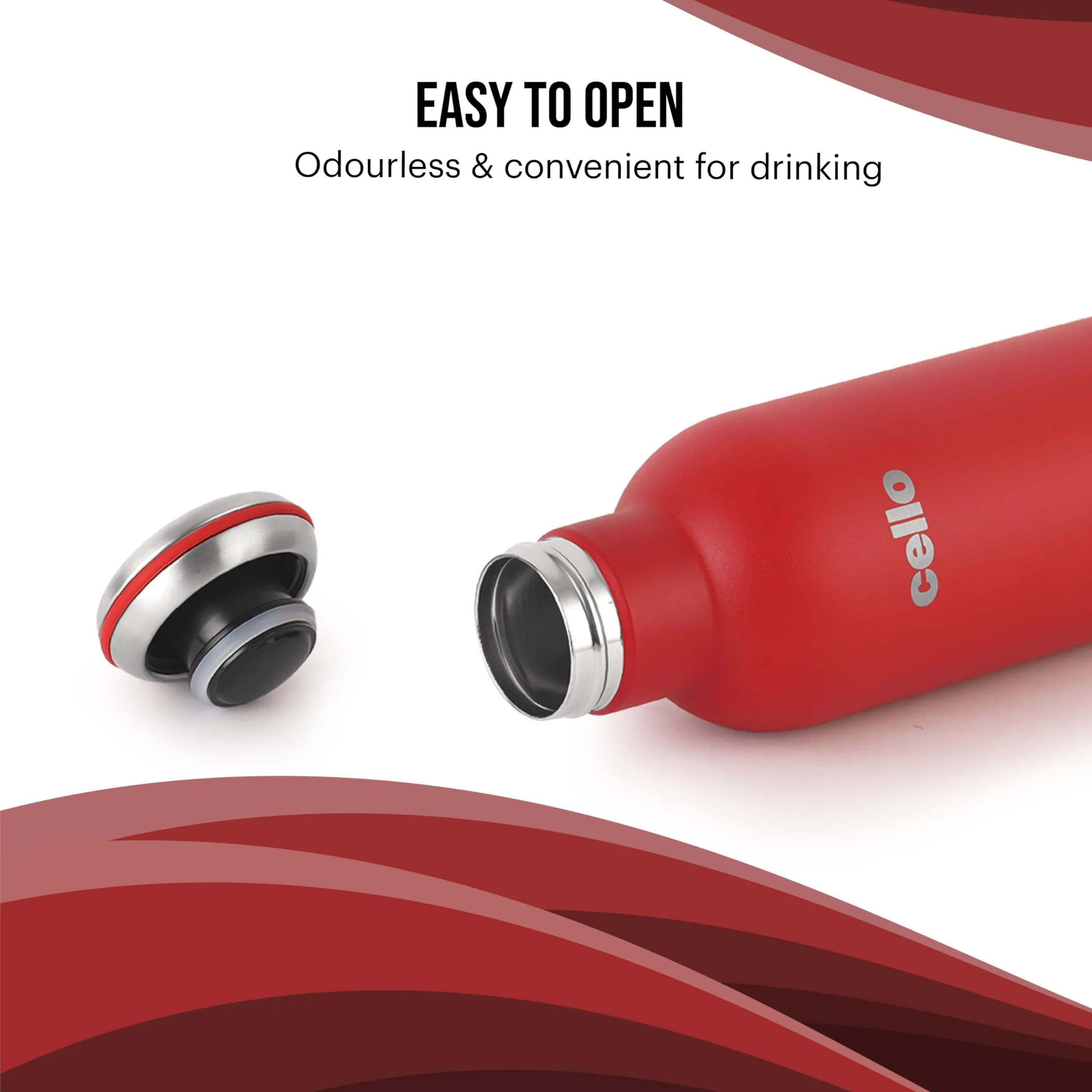 Cello Duro Tuff Steel Series Mac Flask | Hot and Cold Stainless Steel Water Bottle | Durable DTP Coating |Vacuum Insulated Bottle for Travel, Home, Office, School | 900ml, Red