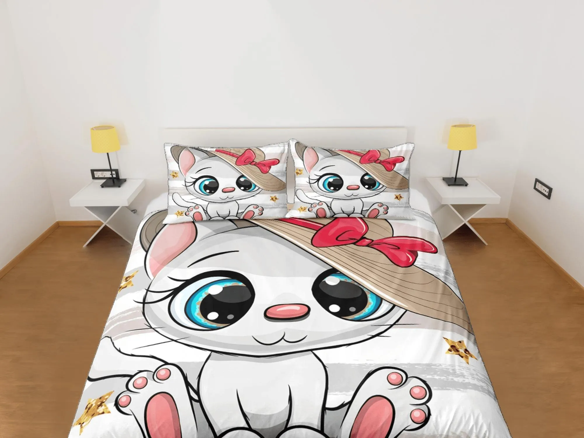 Charming white cat bedding, toddler bedding, kids duvet cover set, gift for cat lovers, baby bedding, baby shower gift, cute bedding