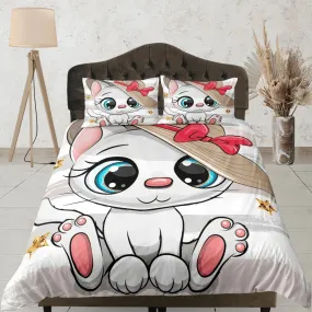 Charming white cat bedding, toddler bedding, kids duvet cover set, gift for cat lovers, baby bedding, baby shower gift, cute bedding