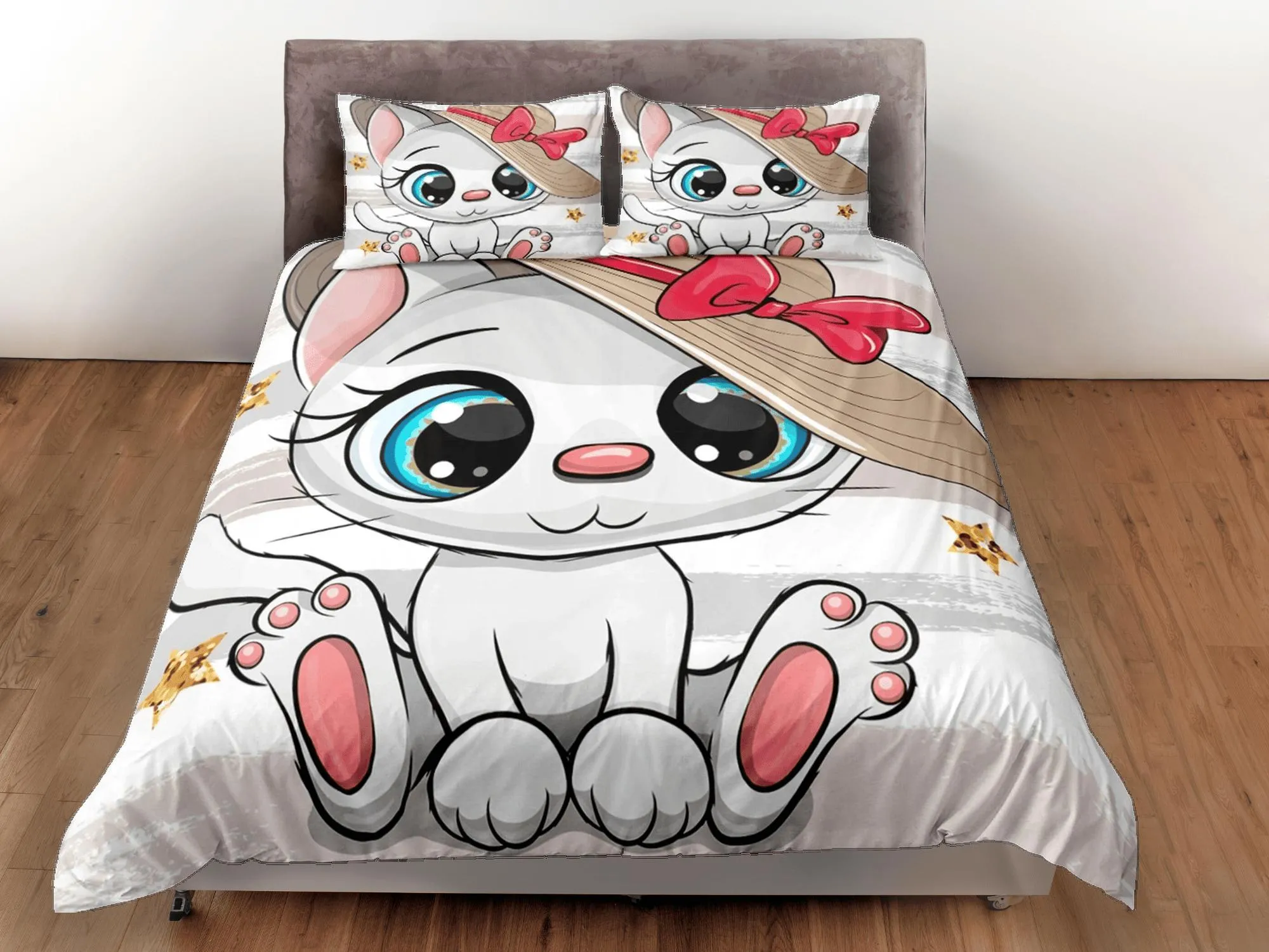 Charming white cat bedding, toddler bedding, kids duvet cover set, gift for cat lovers, baby bedding, baby shower gift, cute bedding