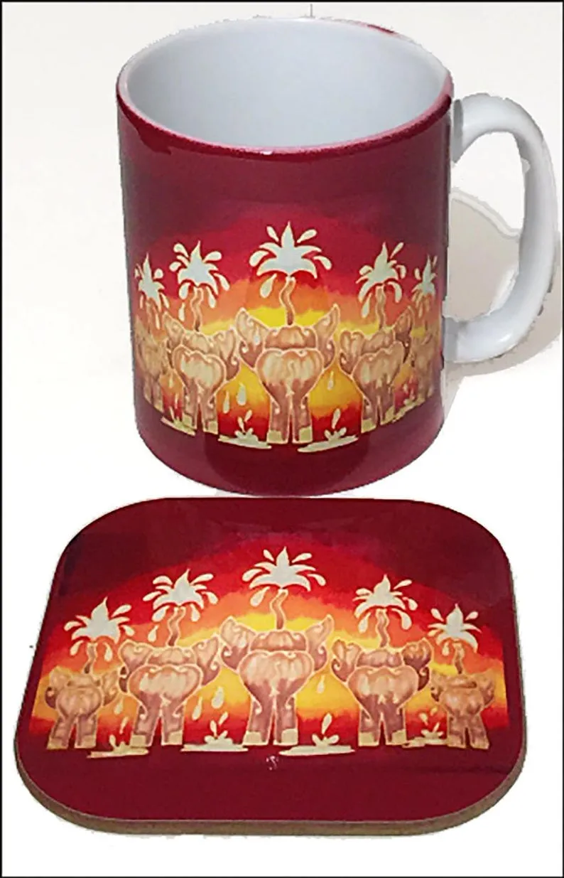 Elephant Mug and Coaster box set or mug only - Red Mug Set - Elephant family Mug Gift