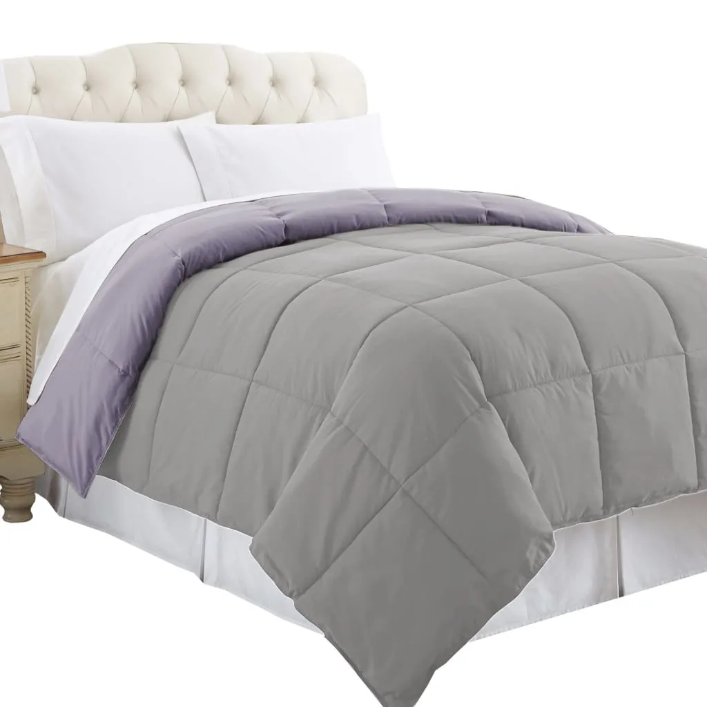 Genoa Twin Size Box Quilted Reversible Comforter By Casagear Home, Purple and Gray