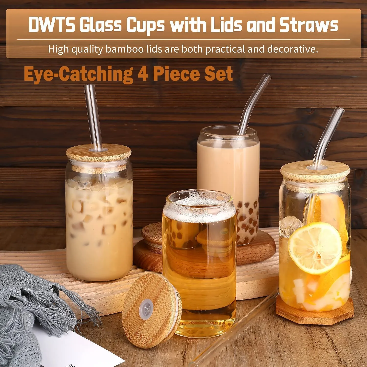 Glass Cups with Lids and Straws 4pcs Set-16oz