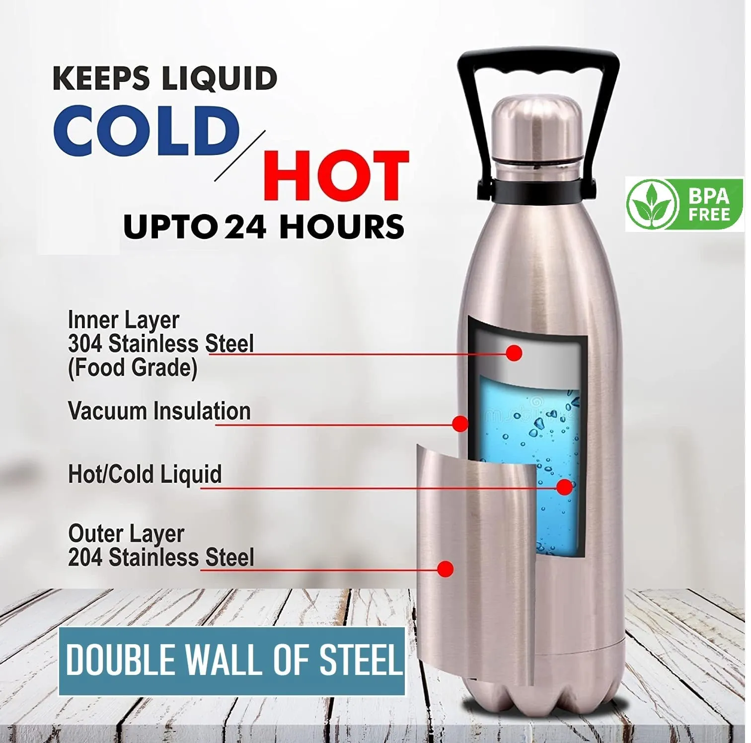 HALO NATION® Double Wall Stainless Steel Vacuum Insulated Flask Thermosteel Water Bottle with Handle, 24 Hours Hot & Cool Bottle Thermos Flask - 1800 ML