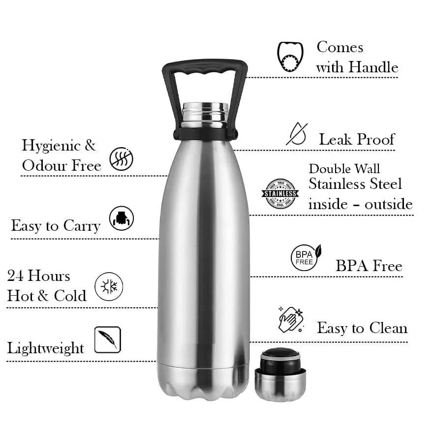 HALO NATION® Double Wall Stainless Steel Vacuum Insulated Flask Thermosteel Water Bottle with Handle, 24 Hours Hot & Cool Bottle Thermos Flask - 1800 ML