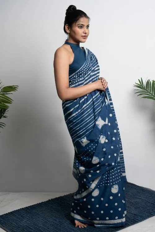 ICH Cotton Appeal. Dabu Hand Block Printed Mul Cotton Saree - Dot & Stripes