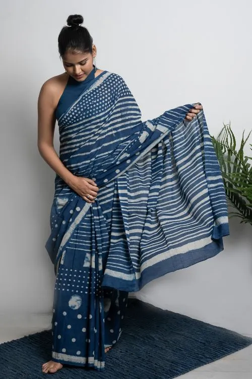 ICH Cotton Appeal. Dabu Hand Block Printed Mul Cotton Saree - Dot & Stripes