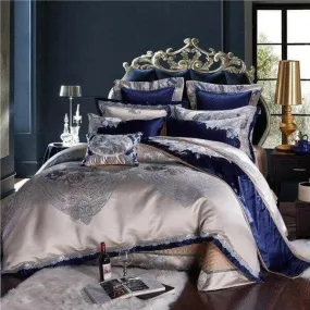 Impero Blue Silver Silk Cotton Jacquard Luxury Chinese Duvet Cover Set