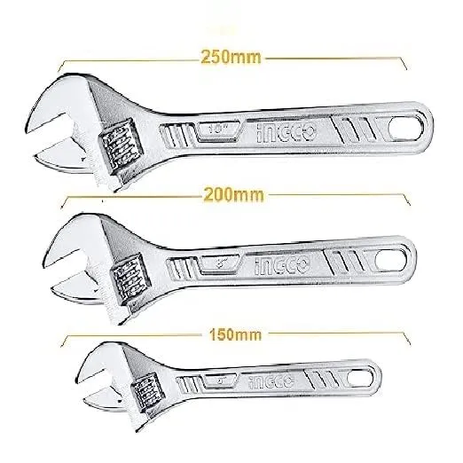 Ingco 3 pcs Adjustable Wrench, 150 & 200 & 250 mm, 0-35mm Clamp Size, Metric Scale, Drop-forged, Chrome-Plated, Adjustable Wrench Set for Auto Repair, General Assembly, Maintenance, Plumbing HADW131062 ,  HADW131082, HADW131102