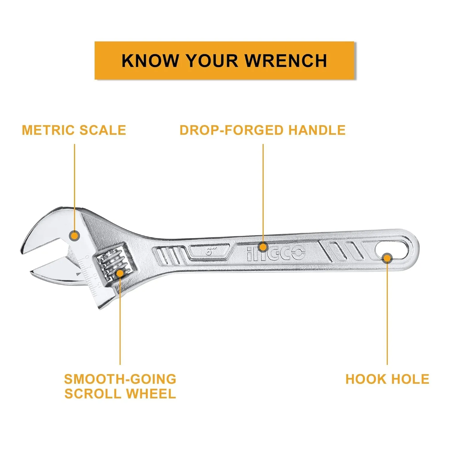 Ingco 3 pcs Adjustable Wrench, 150 & 200 & 250 mm, 0-35mm Clamp Size, Metric Scale, Drop-forged, Chrome-Plated, Adjustable Wrench Set for Auto Repair, General Assembly, Maintenance, Plumbing HADW131062 ,  HADW131082, HADW131102