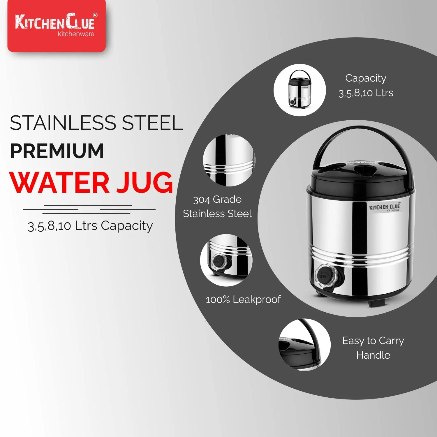 KITCHEN CLUE Double Walled Stainless Steel Insulated Water Jug 5 Liter, Silver - Hot and Cold Water Containers with Tap - Easy to Carry Handle - Essential for Every Household