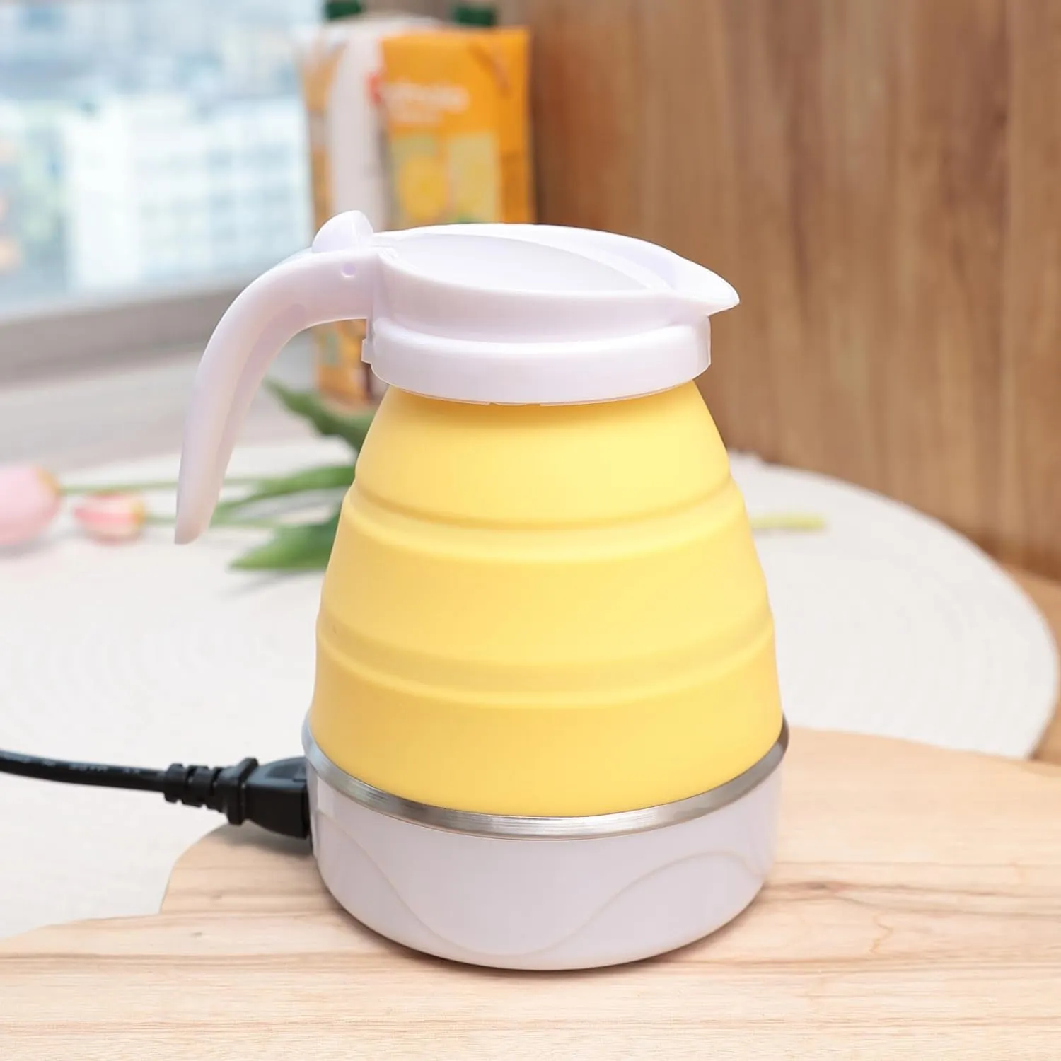 Kuber Industries Pack of 4 Foldable Electric Kettle 600 ML|Silicone Body With 304-Stainless Steel Base|Leak Proof Design|Multipurpose Portable Electric Kettle for Travel, Office & Home|600W|Yellow