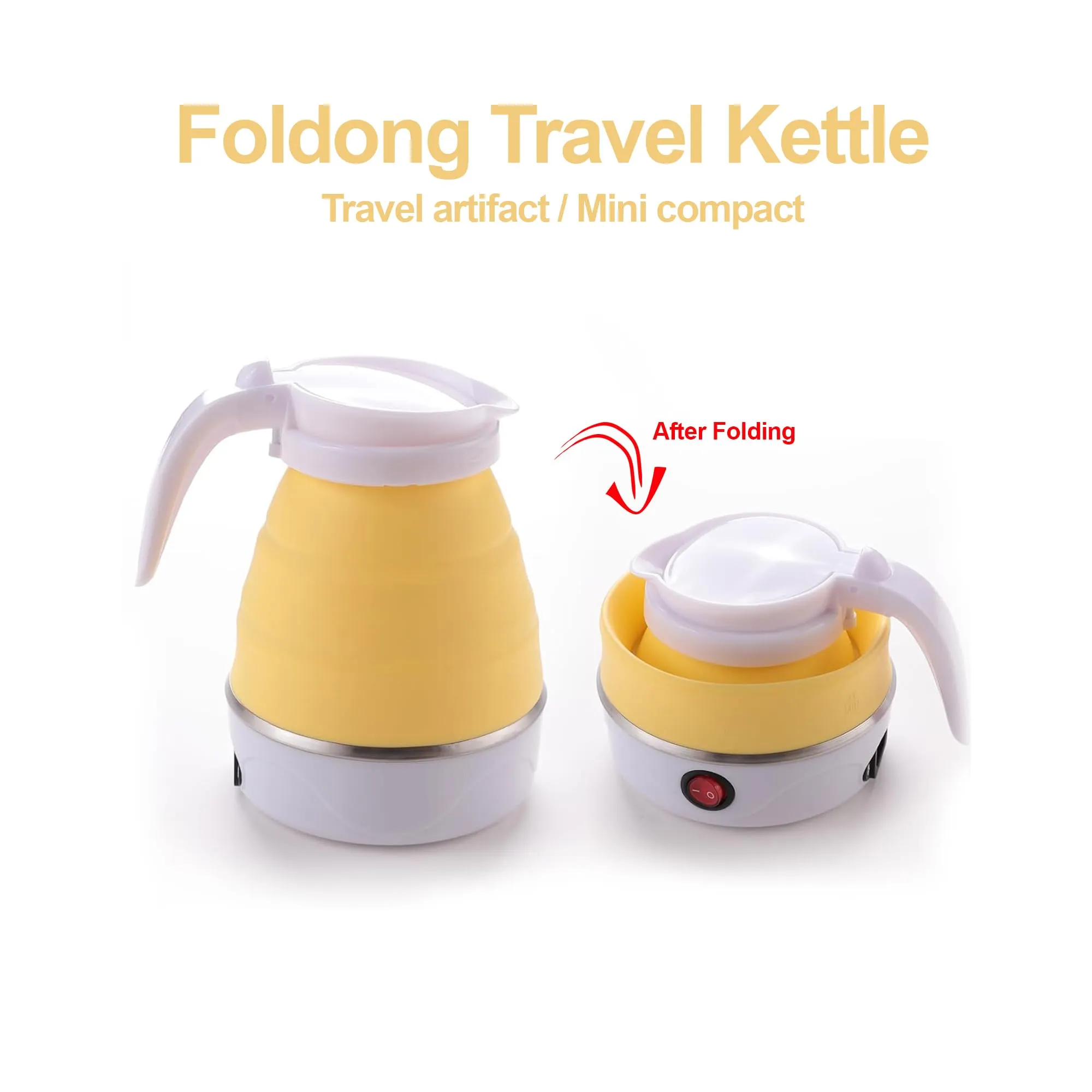 Kuber Industries Pack of 4 Foldable Electric Kettle 600 ML|Silicone Body With 304-Stainless Steel Base|Leak Proof Design|Multipurpose Portable Electric Kettle for Travel, Office & Home|600W|Yellow