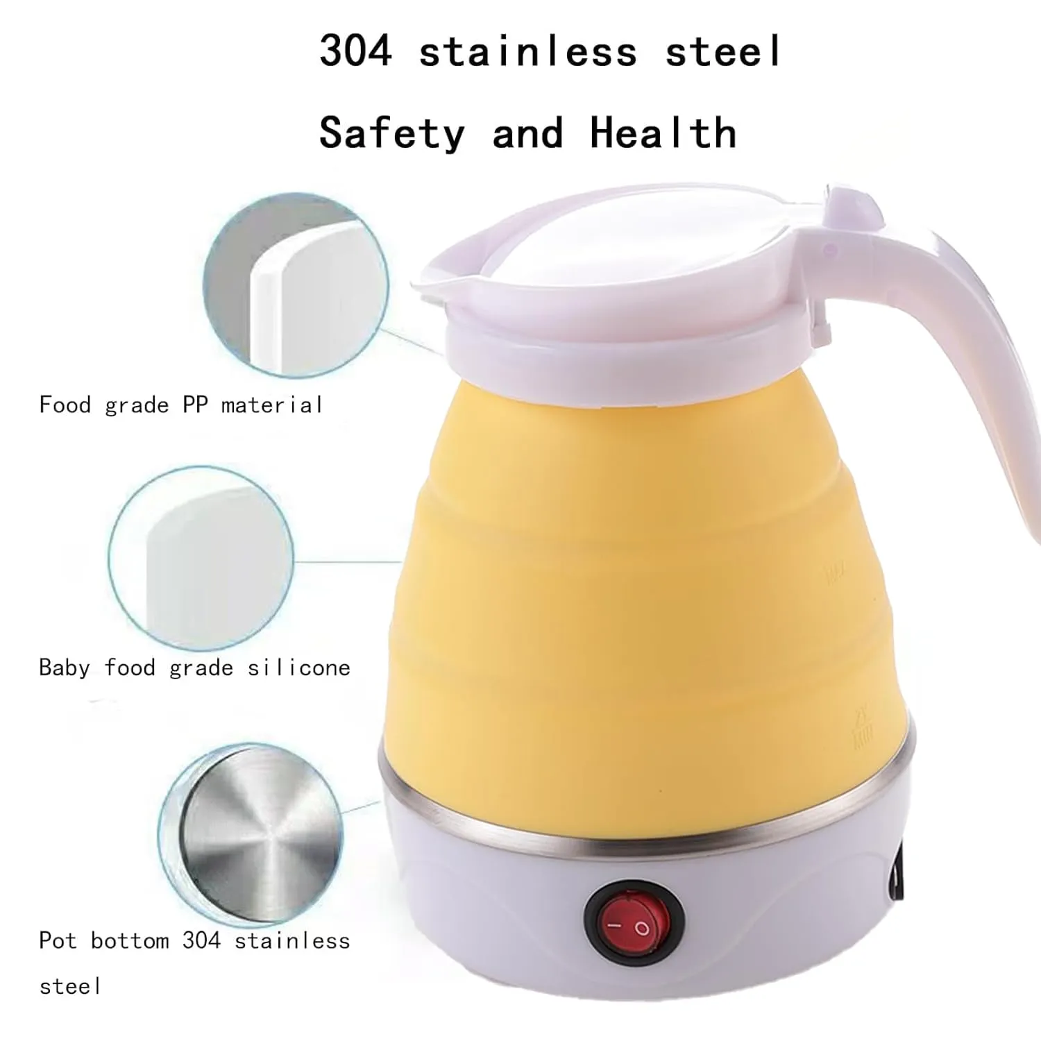 Kuber Industries Pack of 4 Foldable Electric Kettle 600 ML|Silicone Body With 304-Stainless Steel Base|Leak Proof Design|Multipurpose Portable Electric Kettle for Travel, Office & Home|600W|Yellow