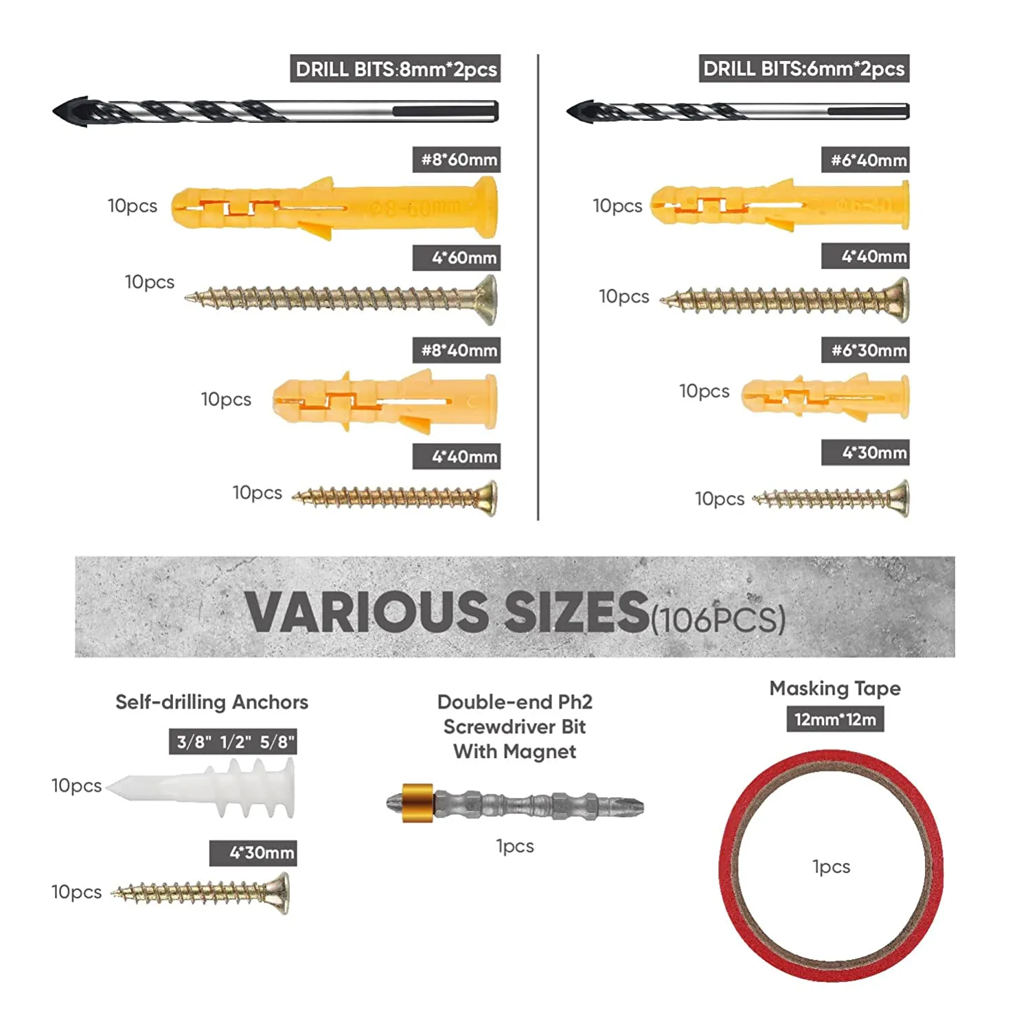 Masonry Drill Bit with Concrete Anchors and Screws Kit