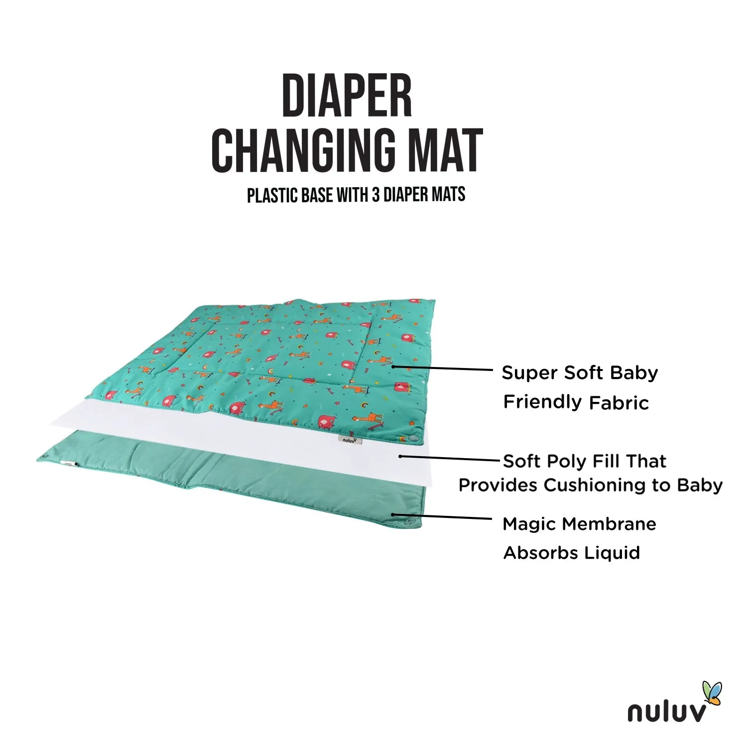 Nuluv Lt Green Diaper Changing Mat (plastic base with 3 diaper mats) 100 % Organic Cotton with Antimicrobial Finish