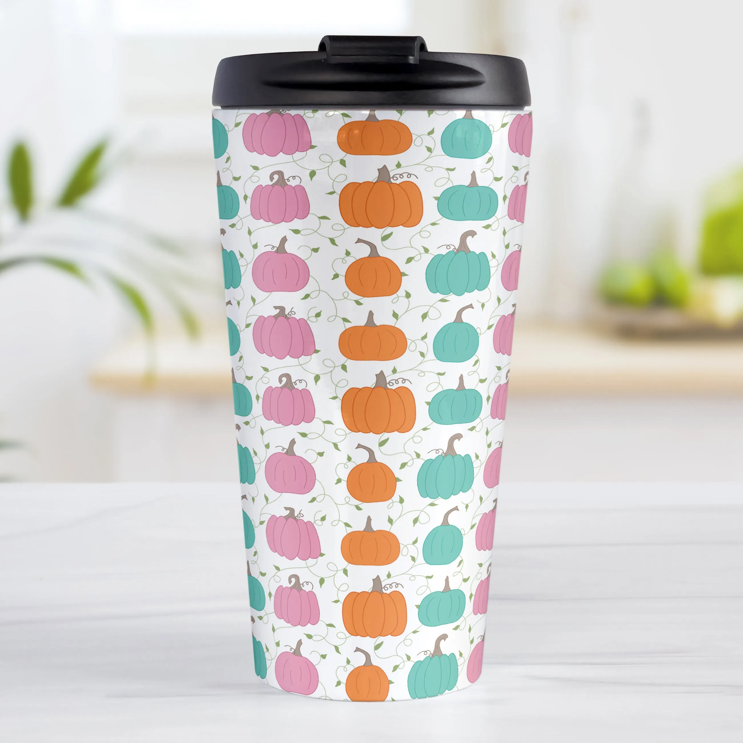 Orange Teal Pink Pumpkin Pattern Travel Mug