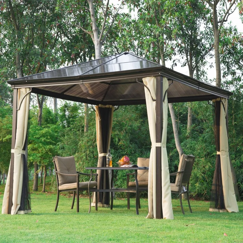 Outsunny  Hardtop Gazebo With Side Curtains/ Mosquito Net Panels 3m x 3m